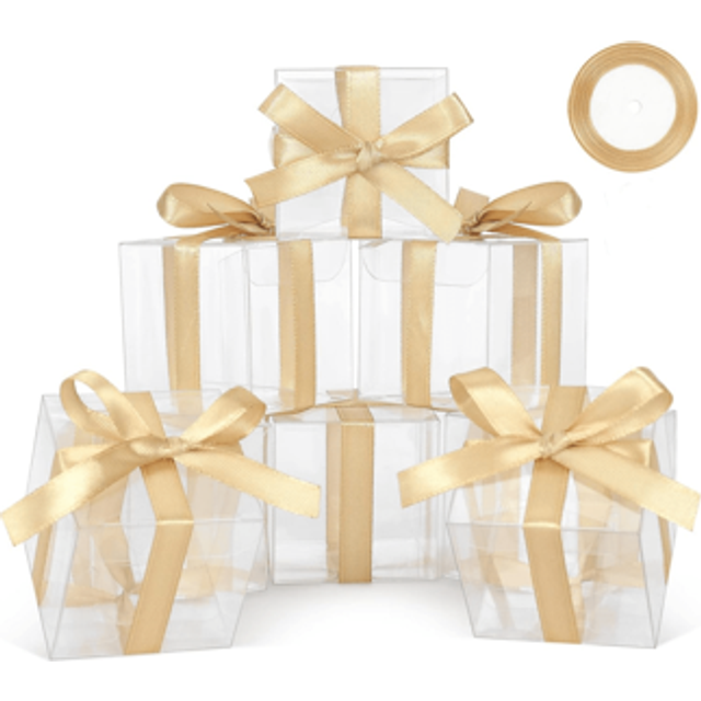 SHEIN 20/50PCS, Clear Gift Box, Includes 1 Roll Of Ribbon, 2x2x2 Inches, 3.15x3.15x3.15 Inches,Clear Single Plastic Mini Cube Boxes, Small Gift Boxes For We