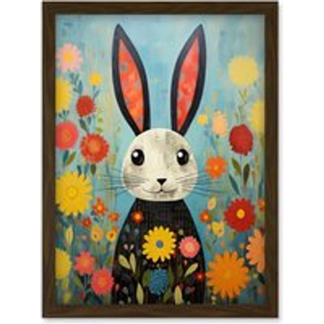 Wall Art Print Funny Bunny Modern Floral Rabbit Animal Artwork for Kids Bedroom or Baby Nursery Artwork Framed A4 - Brown