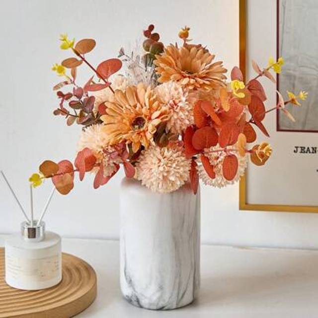 SHEIN 1 Bunch Artificial Flowers Mixed Silk Dandelion Eucalyptus Chrysanthemum Flower Bouquets Fake Flowers For Fall Decor Home Wedding Room Decor Table Cen