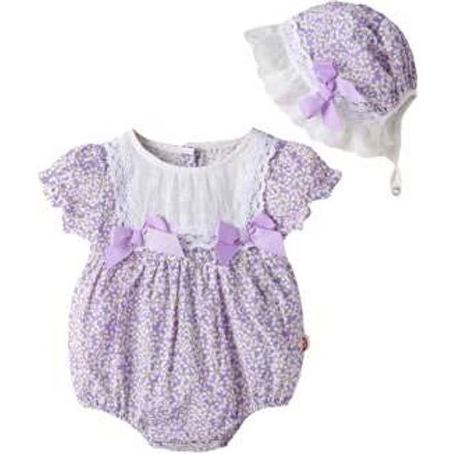 SHEIN Newborn Girl Outfit, Short Sleeve Crew Neck Bows Floral Bodysuit With Hat Summer Clothes