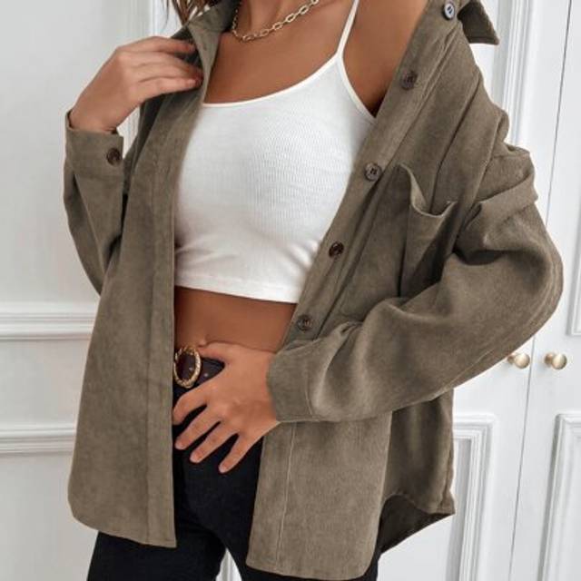 SHEIN 1pc Solid Button Up Corduroy Shirt Fall Cloth For Women