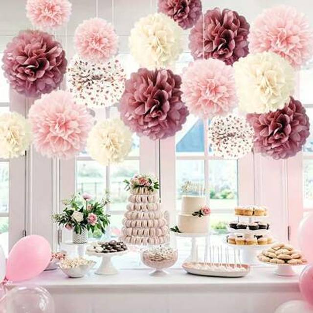 SHEIN 16pcs Paper Dusty Rose Pink Tissue Pom Poms Flowers For Bridal Shower, Birthday, Engagement, Bachelorettes, Valentine Decorations, Pink Party Decorati