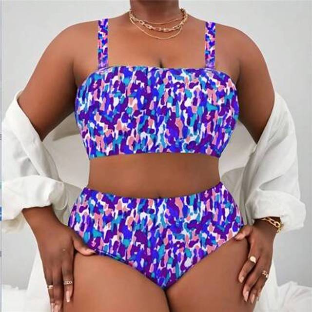 Slaydiva Plus Size Women 3-Piece Colorful Block Print Detachable Wide Strap Triangle Bikini Set, Fashionable Casual Beach Swimsuit For Summer Beach Vacation