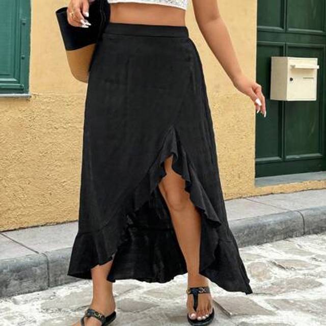 SHEIN Plus Size Vacation Casual Ruffle Patchwork Open Slit A-Line Skirt Summer Vacation Outfits Woman Spring Western Birthday Outfits For Women Boho Women C