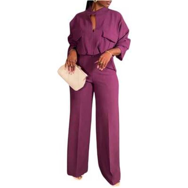 SHEIN Women Elegant Plus Size Pants Suit,Long Sleeve V-Neck Shirt With Wide Leg Pants Formal Suit Office Outfit Sets
