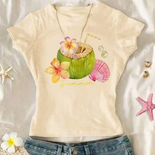SHEIN Chill Vacation Tropical Floral, Coconut, Shell, Pearl Pattern Cream Yellow Tween Girl Fitted Casual Comfortable Round Neck Long Sleeve T-Shirt, Suitab