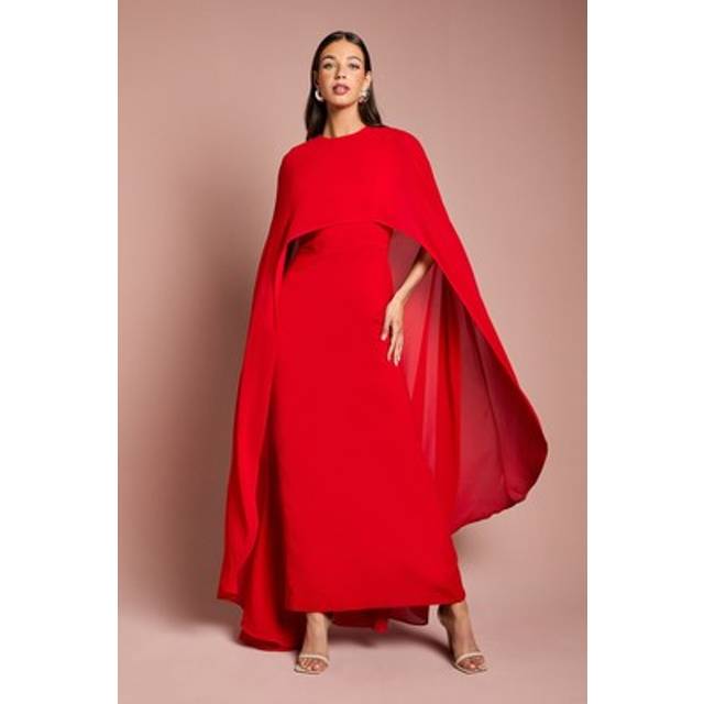 Cape Sleeve Maxi Dress - Red - 8