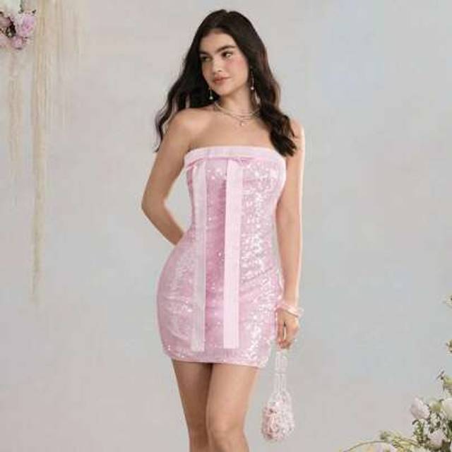 SHEIN Women&#39;s Pink Bowknot Sequin Decor Mini Slip Dress
