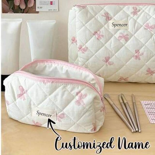 SHEIN (Customized) 3pcs Quilted Cosmetic Bags Set, Personalized Name, Cute Ladies Makeup Bag, Floral Pattern Cosmetic Pouch Set, Travel Toiletry Organizer,