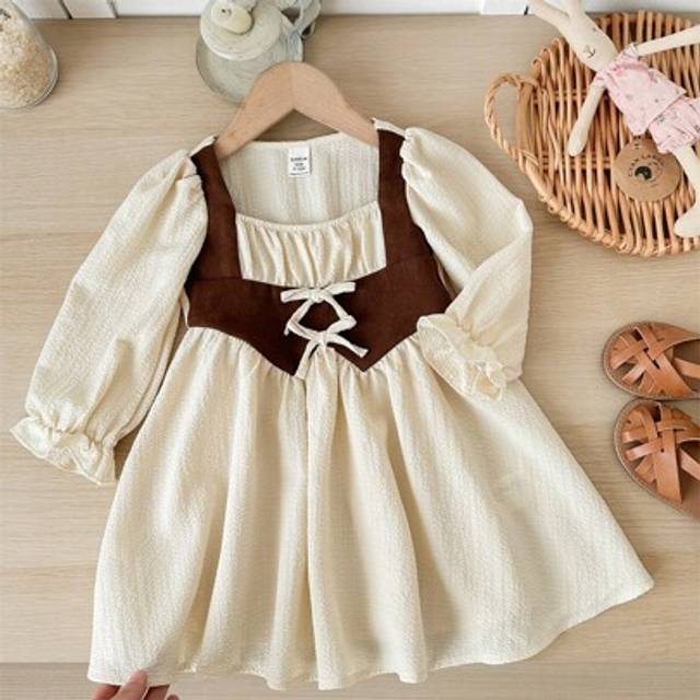 SHEIN Baby Girls Cute Summer Holiday Contrast Color 2 In 1 Apricot Long Sleeve Dress