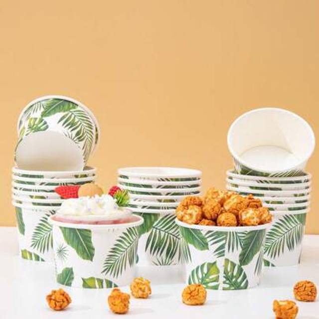 SHEIN 10pcs/25pcs Disposable Paper Bowls With White Background & Green Leaf Design, Paper Bowls, Snack Boxes, Suitable For Birthday Party, Family Party, Pic