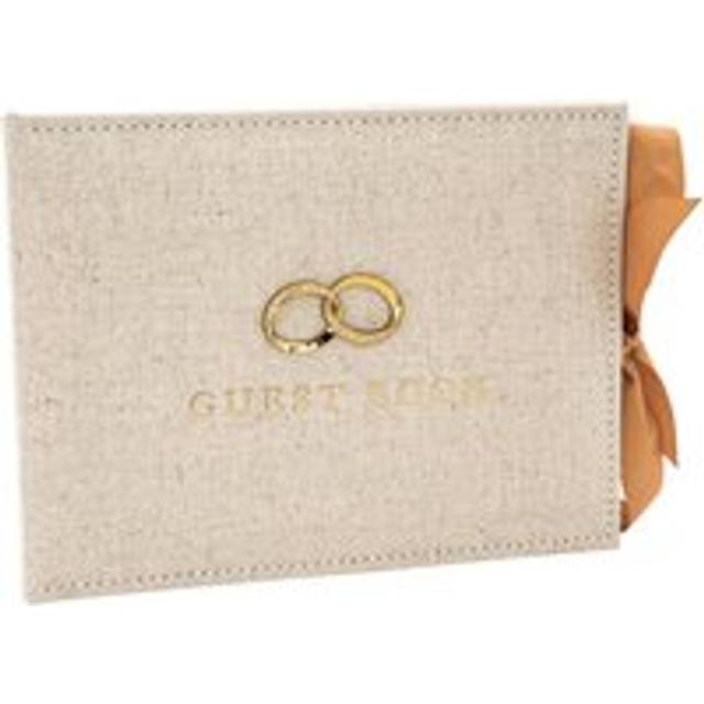 Happy Homewares Natural Linen Fabric Wedding Day Guest Book with Shiny Gold Rings in Brown