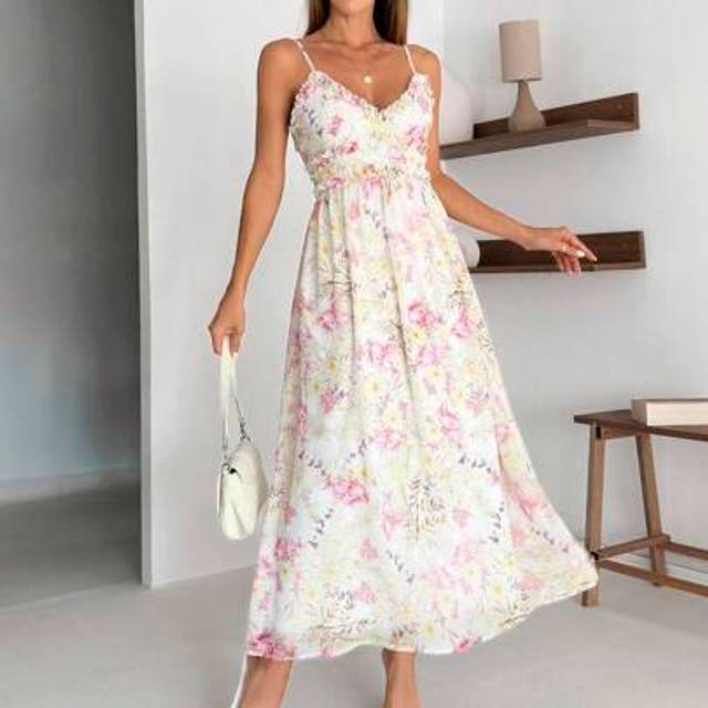SHEIN Floral Maxi Dress, Delicate Pastel Print, Spaghetti Strap Design, Empire Waist Cut, Soft Chiffon Material, Summer Collection, Romantic Style, V-Neckli