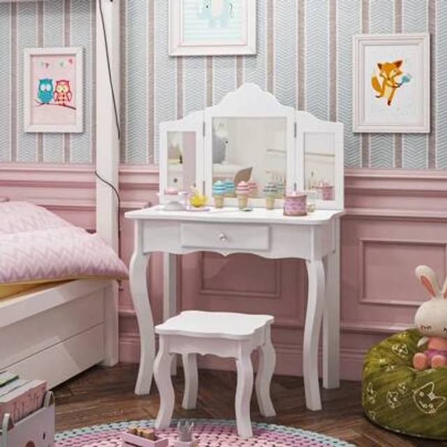 SHEIN Girls Dressing Table With Mirror And Stool, Kids Wooden Vanity Table With Drawer And 3 Foldable Mirrors, Children&#39;s Makeup Desk For Age 3-12, White