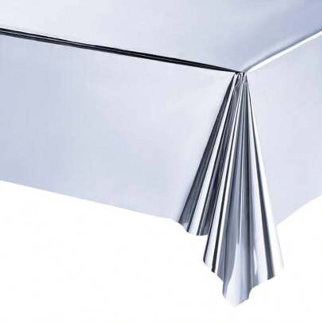 SHEIN 137x183cm Silvery Foil Party Rectangular Table Covers Table Cloth Shiny Disposable Plastic Waterproof Tablecloth For Birthday Wedding Anniversary Enga
