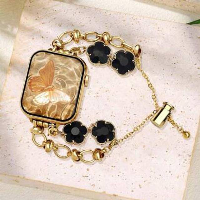 SHEIN 1pc Compatible With Apple Watch Women Luxury Gold Metal Flower Decor Bracelet Strap Suitable For Ultra2 1 SE S9/8/7/6/5/4/3/2/1, Fashionable Young Gif