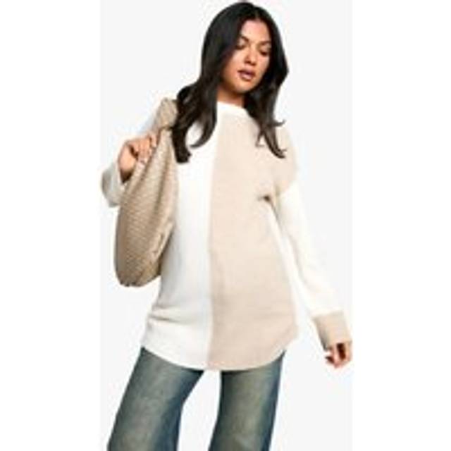 Womens Maternity Soft Knit Colour Block Oversized Jumper - Beige - L, Beige