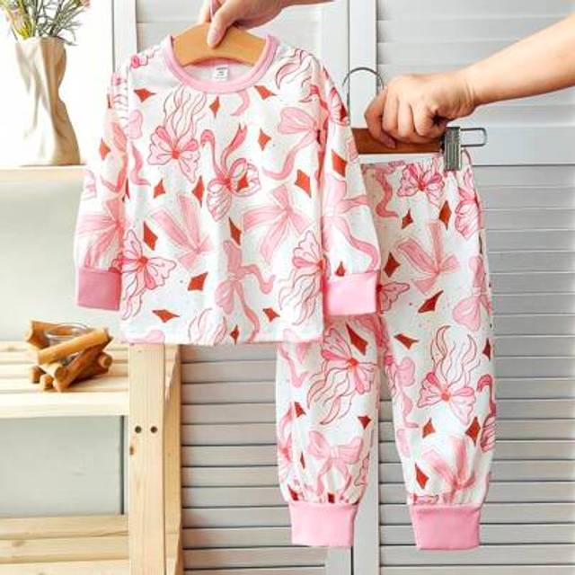 SHEIN 2pcs Baby Girls Casual Comfy Pink Bow Print Color Block Round Neck Long Sleeve Top With Elastic Waist Pants Set