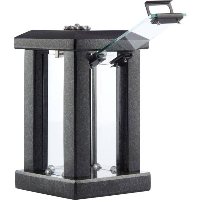 (Black, Flower) Granite Memorial Lantern - Large Graveside Outdoor Candle Lantern  for Garden or Cemetery - Grave Ornaments Modern Design