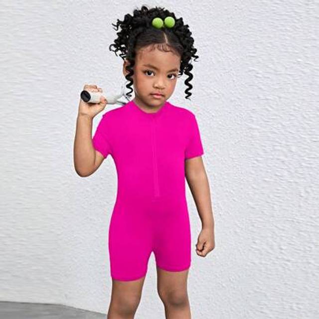 SHEIN Young Girl Fitted Solid Color Stand Collar Half Zip Up Jumpsuit Athletic Wear