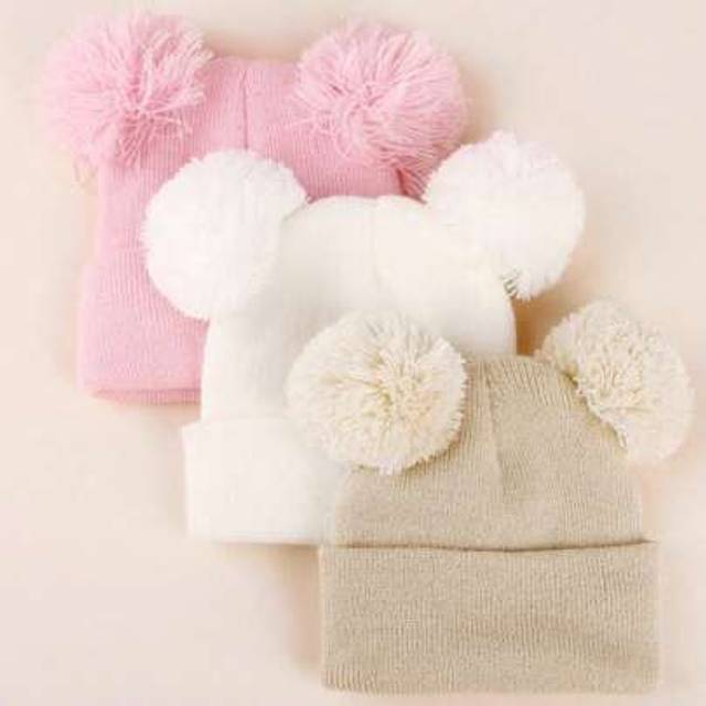 SHEIN 3PCS Toddler Baby Knit Double Ball Ear Protection Beanies, Thin Warm Solid Color Versatile Knitted Caps For Infants, Autumn/Winter