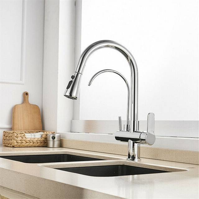 (Light silver) 3 in 1 Kitchen Pull Down Sprayer 360 Rotating Hot and Cold Water Mixer Tap Direct Drinking Faucet