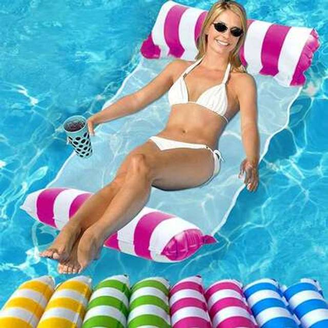 SHEIN 1pc Inflatable Striped Hammock Lounger, Relaxation, Floating Bed With Mesh Back, Foldable, Beach Essentials Swimming Games, Beach Accessories, Pool Fl