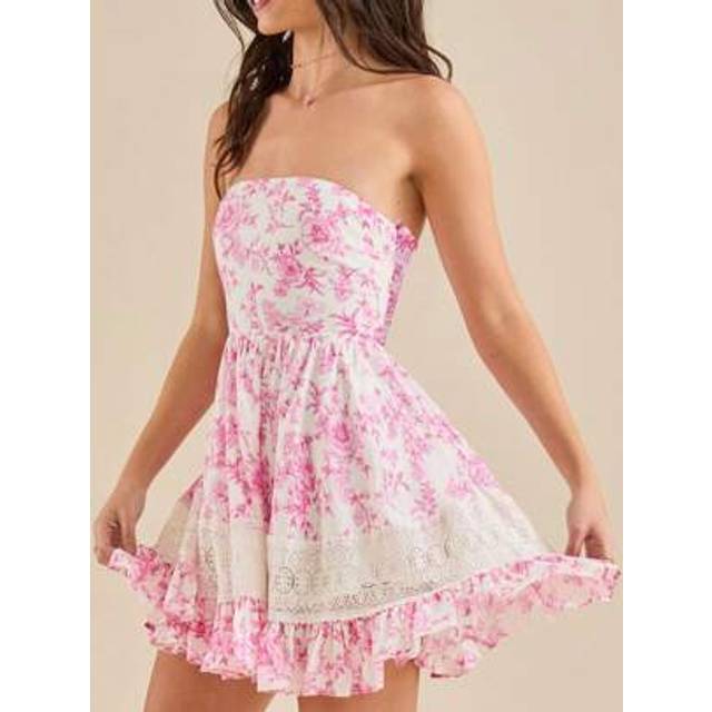 SHEIN Women&#39;s Floral Print Tube Top Dress Strapless Flowy Ruffled Hem Mini Dress For Summer, Beach Daily