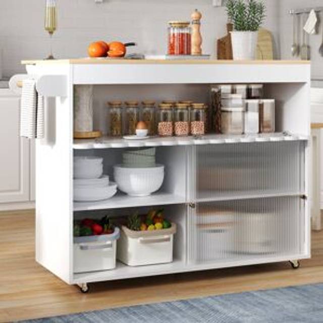 Ebern Designs Solid Wood Top Kitchen Island With Sliding Doors And Adjustable Shelves White 91cm H X 122cm W X 46cm D