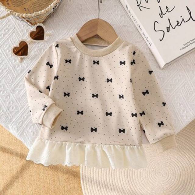 SHEIN Baby Girl Fashion Embroidery Ruffle Hem Bow Print Sweatshirt