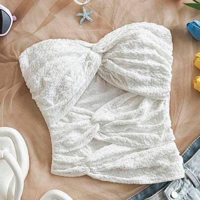 Soleia Women&#39;s Vacation White Knit Fairy Crinkle Texture Fabric Fitted Bandeau Twist Hollow Asymmetric Hem Top, Sexy Slim Fit Fashion Blouse Suitable For Par