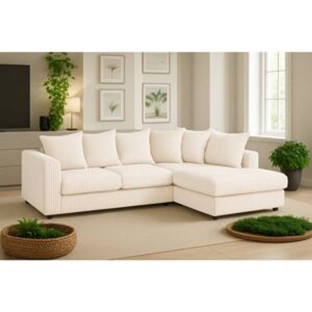 Latitude Run Jumbo Cord Right Hand Upholstered Corner Sectional Small Back Cushion with Foot Stool Cream 90cm H X 212cm W X 167cm D