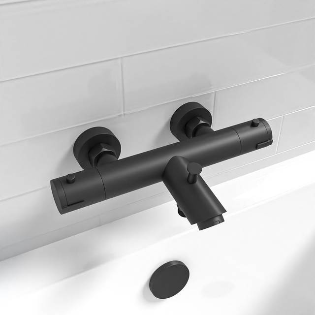 Wall mounted thermostatic black bath filler shower mixer tap