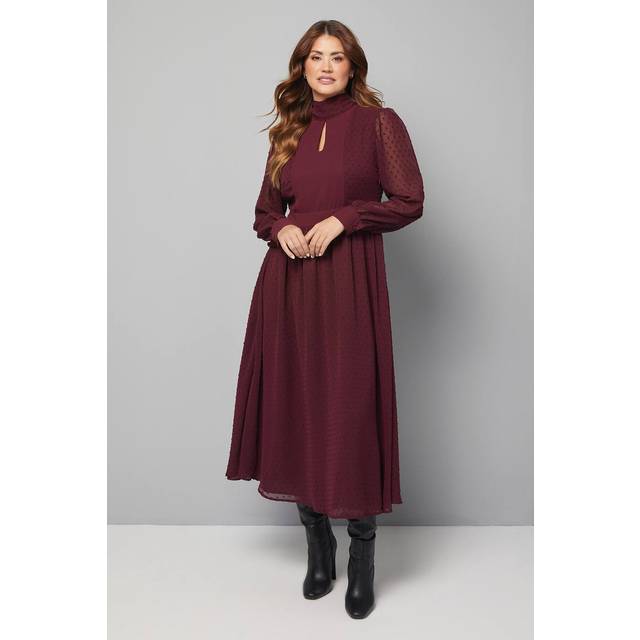 Womens Dobby Tie Neck Detail Midaxi Dress - Plum - 8