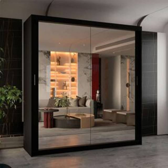 Isabella Sliding Wardrobe with Double Mirrors – 6 Colors & Sizes - Black (217&#34; H x 90&#34; W x 62&#34; D)