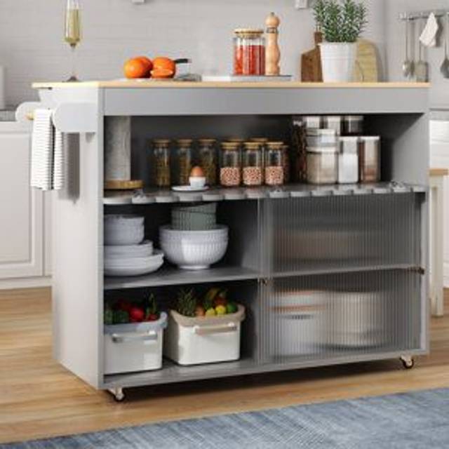 Ebern Designs Solid Wood Top Kitchen Island With Sliding Doors And Adjustable Shelves Grey 91cm H X 122cm W X 46cm D