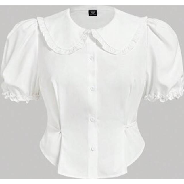 SHEIN Plus Size Cute Girl Puff Sleeve Peter Pan Collar Fitted Short Sleeve Blouse