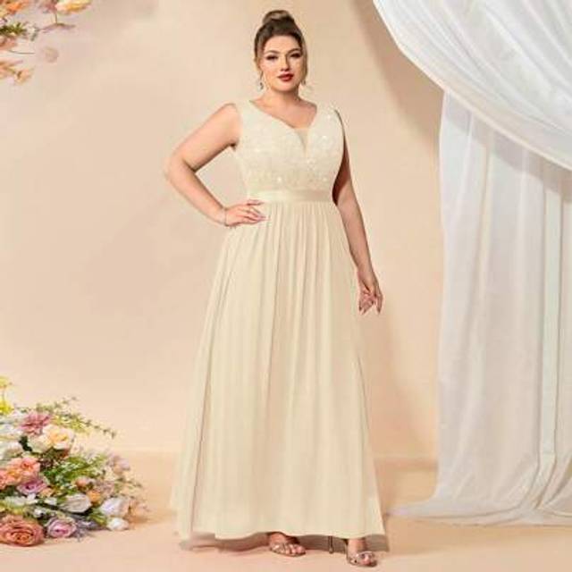 SHEIN Plus Deep V Neck Sequin Floral Lace Chiffon Sleeveless Formal Party Maxi Dress
