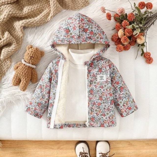 SHEIN Vintage Style Baby Girls&#39; Hooded Zipper Jacket, All-Over Ditsy Floral, Warm Thermal Lined, Casual Fashion Winter Coat