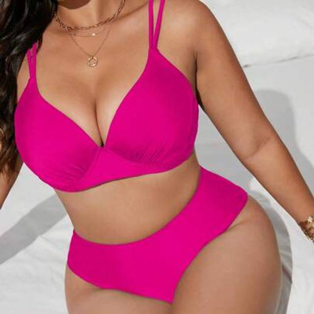 SHEIN Plus Size Women 2pcs High Waisted Push Up Padded Triangle Swimsuit, Adjustable Strap, Elegant And Fashionable Sexy Casual Beach Swimwear