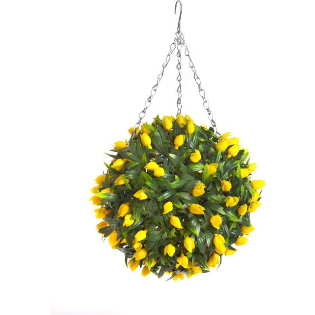 Pair of Best Artificial 28cm Yellow Tulip Hanging Basket Flower Ball