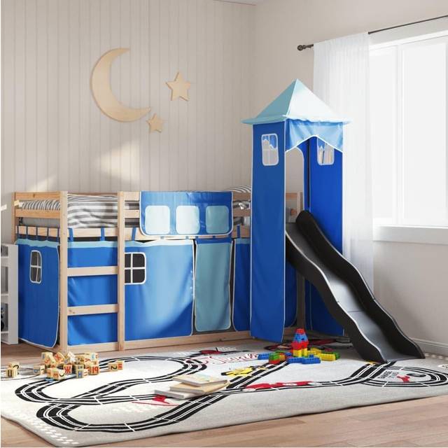 Bunk Bed without Mattress with Slide and Curtains Blue 90x190 cm Single