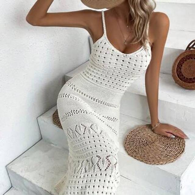 SHEIN Women&#39;s Knitted Dress For Spring Summer, All White Elegant Backless Beach Long Maxi Dress, Sexy Casual Holiday Modest Vintage Old Money Style Back To