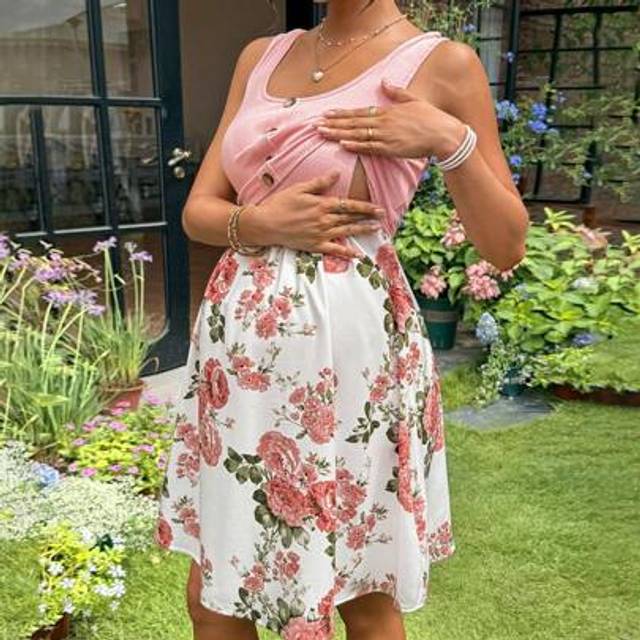 SHEIN Plus Size Nursing Dress, Button Decor Maternity Dress, Pink Nursing Dress Birthday Dresses For Maternity Vacation Outfits