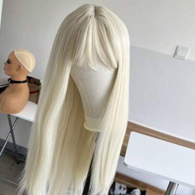 SHEIN For Women Cosplay Wigs Wear And Go Wig Rose Mesh Net With Bangs Daily Wear Long Straight Bleach Blonde Layered Heat Resistant Synthetic Hair