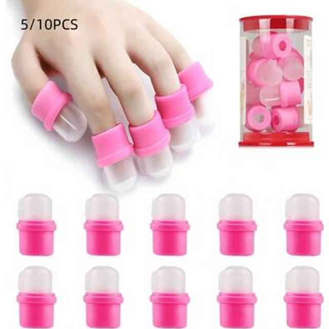 SHEIN 5pcs/10pcs Reusable Silicone Nail Polish Remover Finger Sleeves - For Softening Nail Stickers, Removing Gel Polish, Nail Art Tools, Summer Nails, Pink