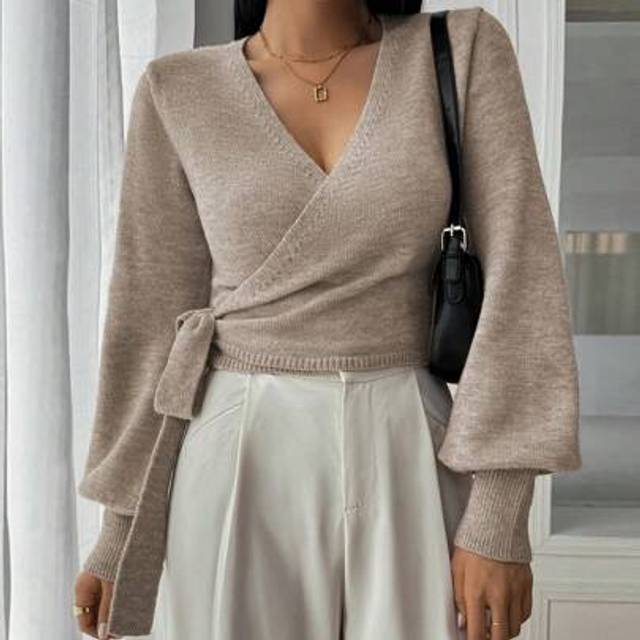Chiquease Floral Print Wrap-Style Cropped V-Neck Tie Waist Long Gigot Sleeve Casual Elegant Sweater For Women,Long Sleeve Tops