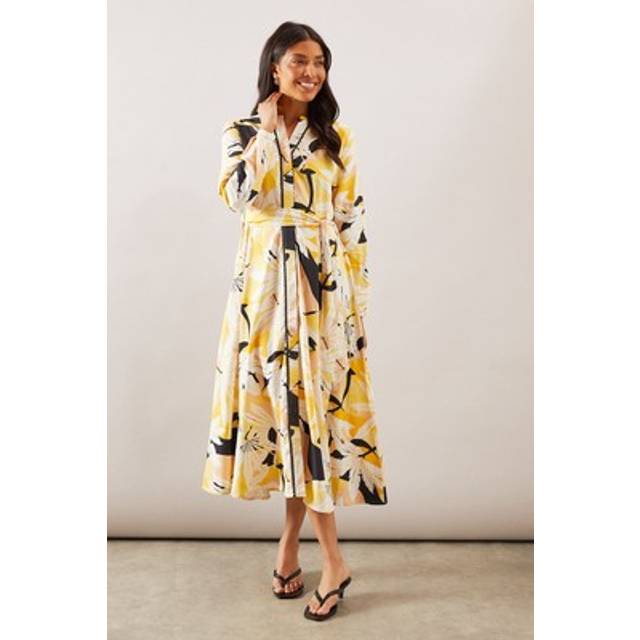 Womens Tropical Viscose Linen Shirt Dress - Yellow - 10