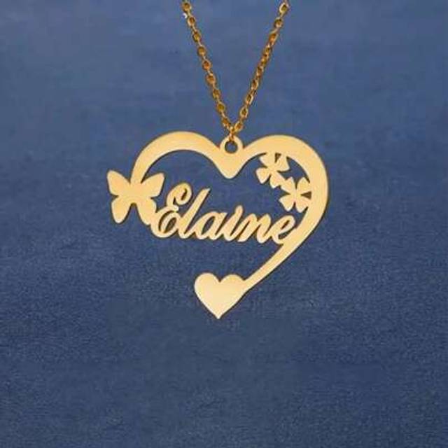 SHEIN Personalized Heart Pendant Necklace With Butterfly In 18K Gold Plated Stainless Steel, Ideal For Birthdays And Celebrations. This Versatile Accessory