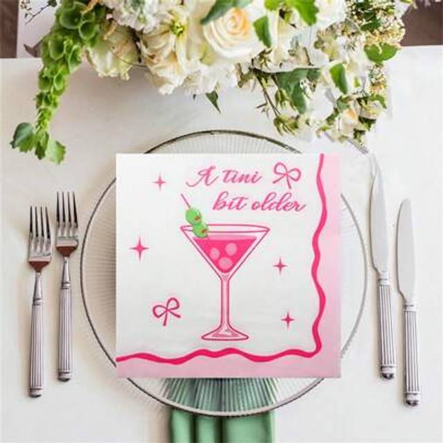 SHEIN 20 Pcs A Tini Bit Older Party Supplies Martini Napkins Guest Napkin Cocktail Beverage Napkins For Martini Birthday Party Decorations Pink Bow Tablewar
